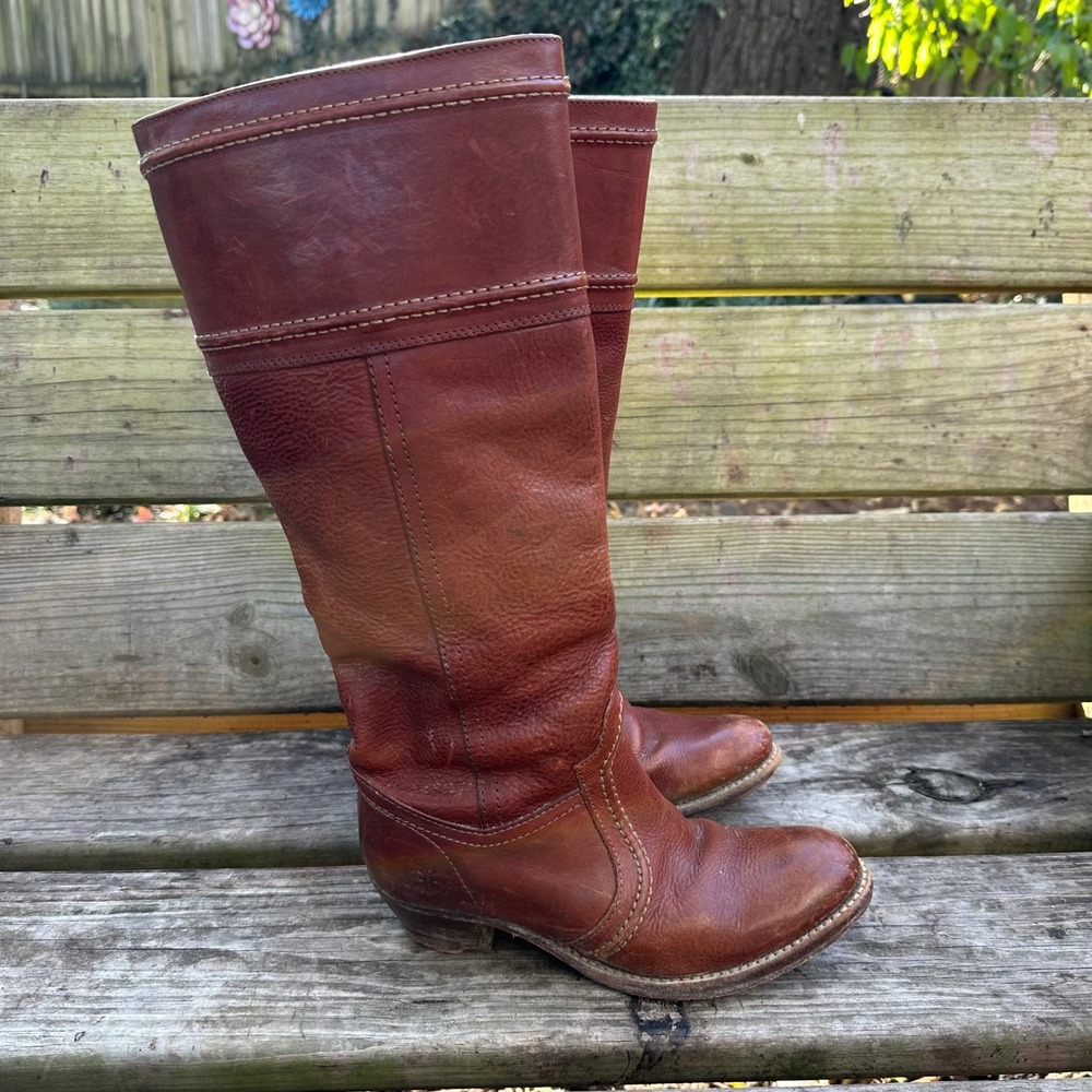 Frye Jane Stitch Riding Boots 77230 Redwood Brown Leather Knee High Tall Size 6B - Picture 9 of 9